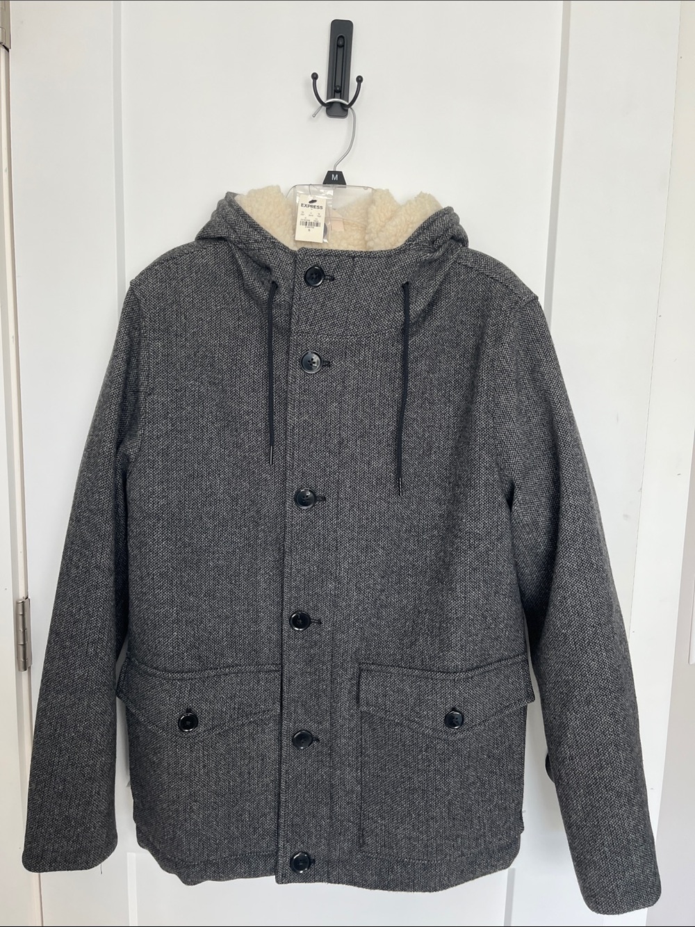 Express Gray Hooded Wool-Blend Jacket with Cream Sherpa Lining